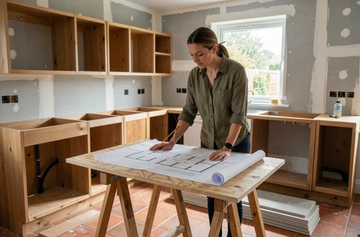 Propriétaire féminine consultant des plans d'architecte dans une cuisine en cours de rénovation
