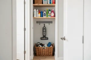 Aspirateur vertical rangé dans un placard de couloir avec crochets muraux et paniers de rangement organisés