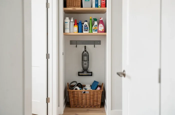 Aspirateur vertical rangé dans un placard de couloir avec crochets muraux et paniers de rangement organisés