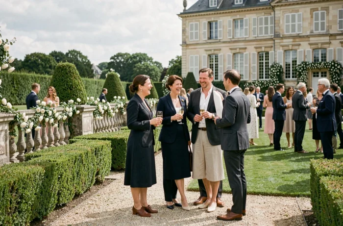 Réception de mariage en plein air dans les jardins d'un château français, invités élégants en conversation lors d'un événement mondain
