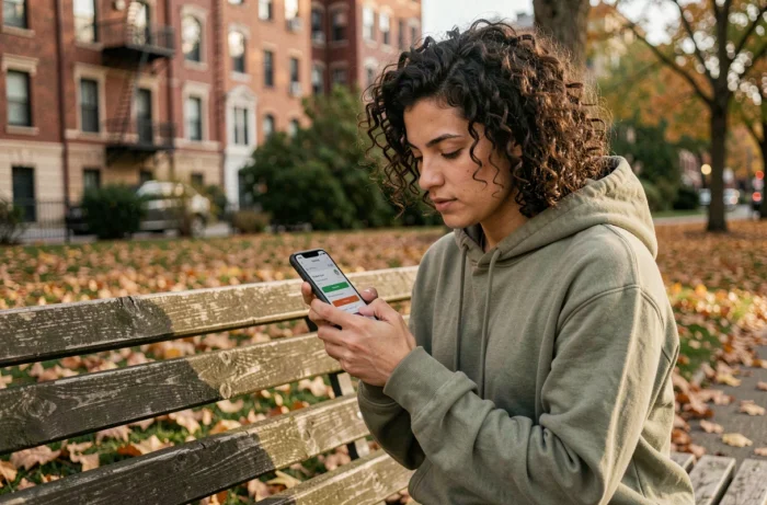 Personne utilisant une application de recherche de numéro inconnu sur smartphone dans un parc urbain en automne