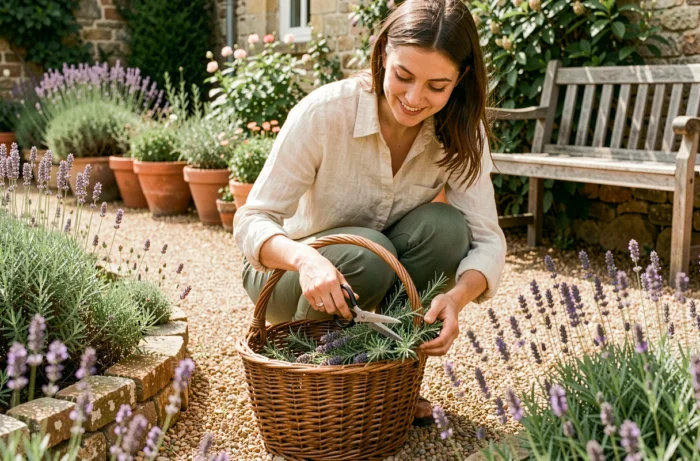 Jeune femme récoltant des herbes aromatiques comme la lavande et le romarin dans un jardin naturel en été