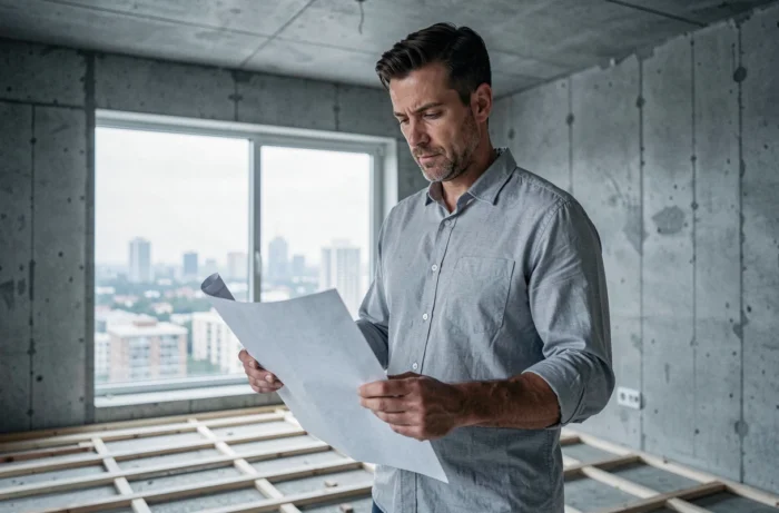 Homme examinant des plans de rénovation dans un appartement en travaux avec vue urbaine