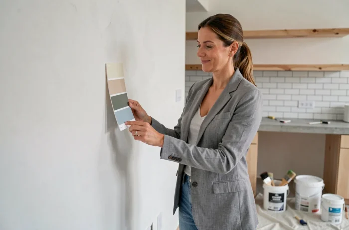Femme comparant des nuanciers de peinture dans une cuisine en cours de rénovation intérieure
