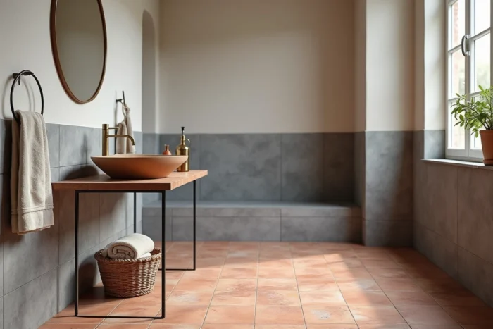 Salle de bain de style provençal combinant tomettes en terre cuite et grand carrelage effet pierre grise sur les murs