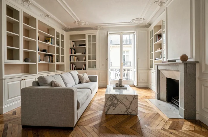 Salon rénové dans un appartement parisien alliant moulures anciennes et design contemporain épuré