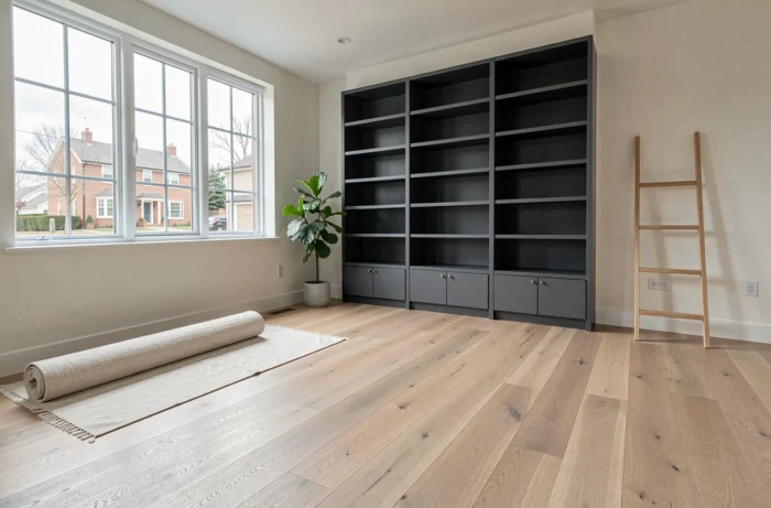 Salon entièrement rénové avec parquet chêne, murs peints et étagères encastrées modernes prêts à valoriser le bien immobilier