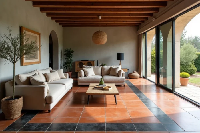 Salon et salle à manger en mas rénové associant tomettes anciennes en terracotta et carrelage en ciment anthracite en bordure