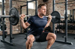 Homme sportif en salle de musculation parisienne effectuant un squat avec barre, ambiance urbaine et industrielle