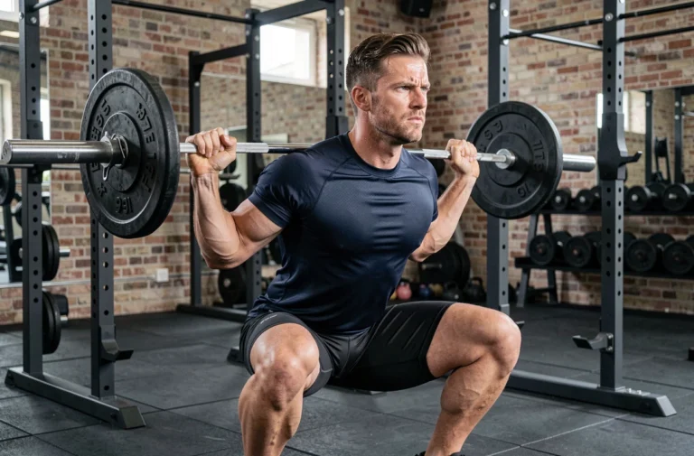 Homme sportif en salle de musculation parisienne effectuant un squat avec barre, ambiance urbaine et industrielle