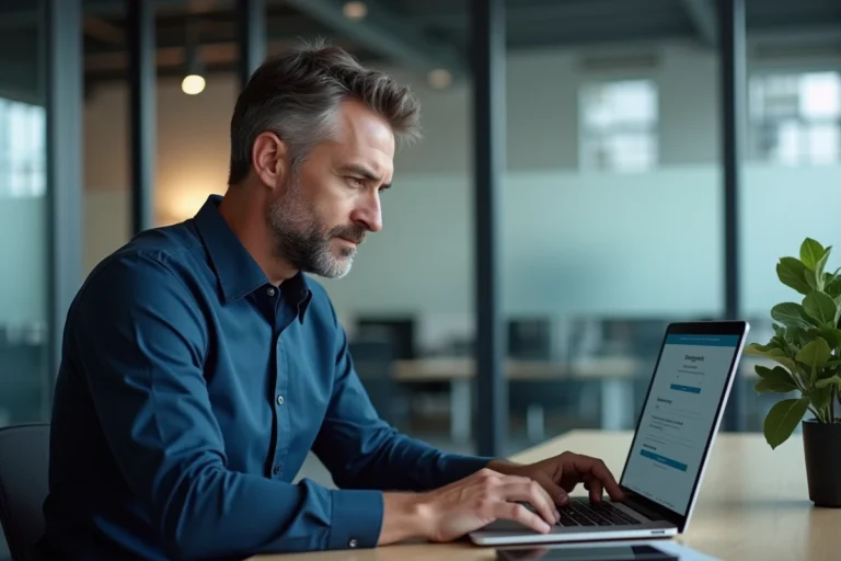 Un homme concentré configure les paramètres de sécurité de sa messagerie professionnelle PIAL sur un ordinateur portable dans un bureau moderne à Nancy-Metz