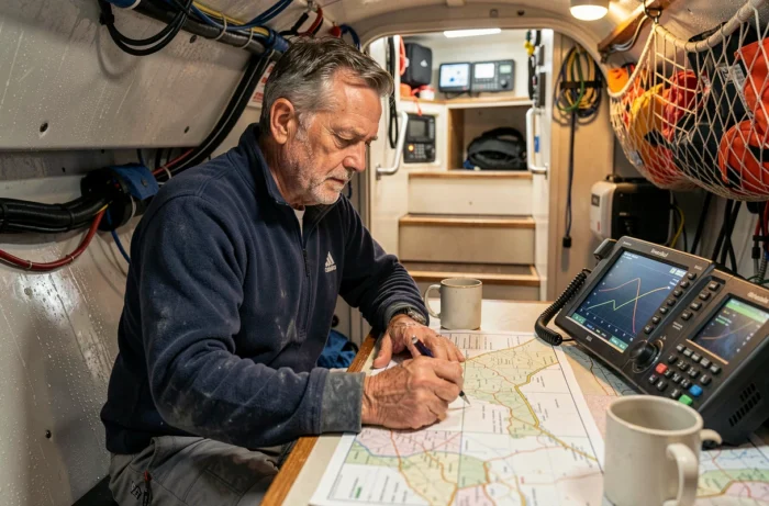 Skipper de course au large consultant ses cartes de navigation à bord d'un voilier lors d'un tour du monde