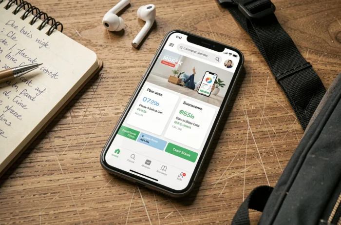 Smartphone affichant un comparateur de forfaits mobiles posé sur un bureau d'adolescent avec cahier et notes
