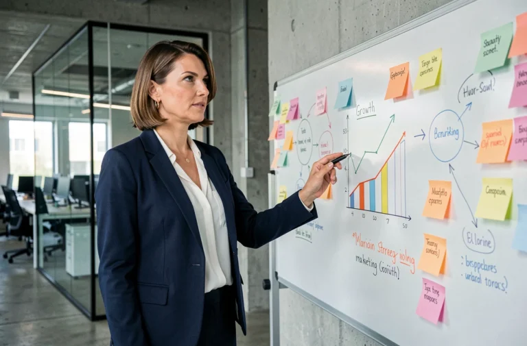 Professionnelle en blazer marine présentant une stratégie marketing sur un tableau blanc dans un bureau moderne