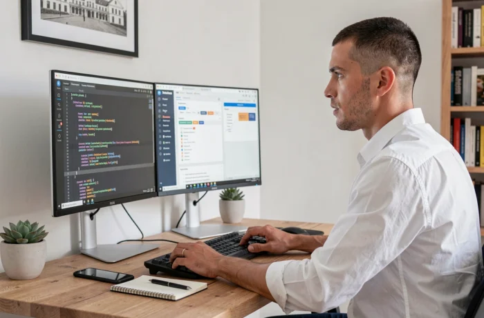 Développeur ou chef de projet télétravaillant sur des outils digitaux dans un bureau à domicile épuré pour optimiser la croissance de son entreprise