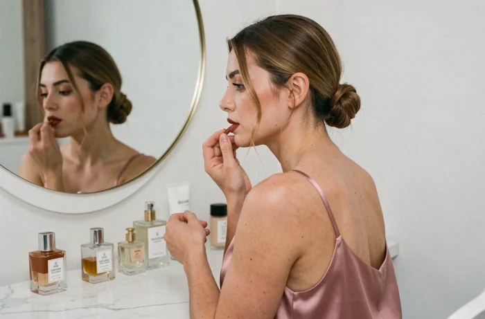 Jeune femme appliquant un rouge à lèvres terracotta devant un miroir laiton dans un espace beauté minimaliste, tendances maquillage saison