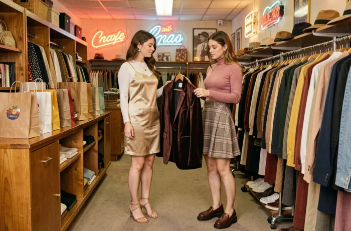 Deux jeunes femmes en tenues tendance 1995 avec robe nuisette satin et jupe plaid dans une boutique de mode vintage des années 90