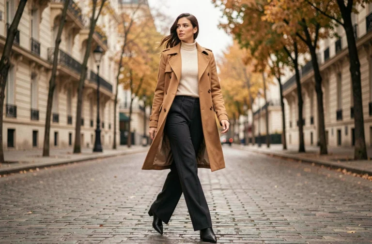 Femme élégante portant un trench camel et un col roulé crème dans une rue parisienne pavée en automne, tendances mode saison