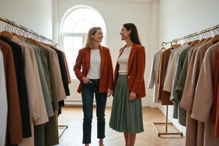 Deux femmes stylées découvrant des vêtements tendance dans un atelier de mode minimaliste aux murs blancs et rails en laiton