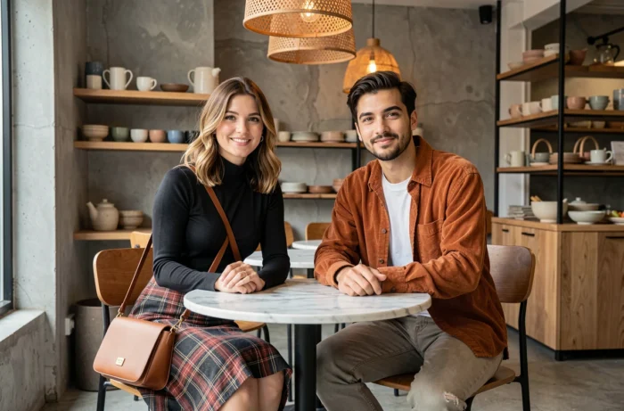 Deux amis tendance attablés dans un café contemporain, portant des tenues superposées qui illustrent les dernières tendances mode de la saison