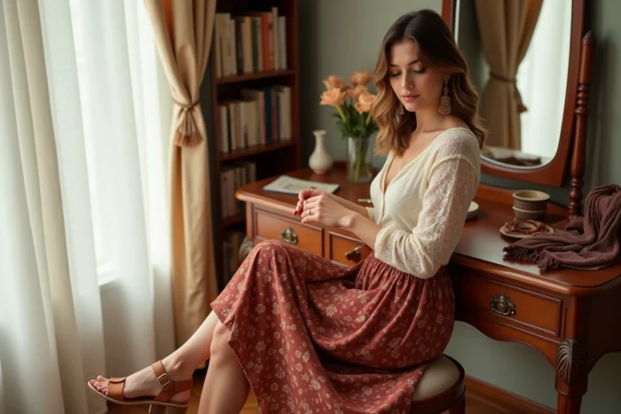 Jeune femme en jupe midi florale et blouse broderie anglaise arrangeant des accessoires de mode tendance sur une coiffeuse vintage dans un appartement lumineux