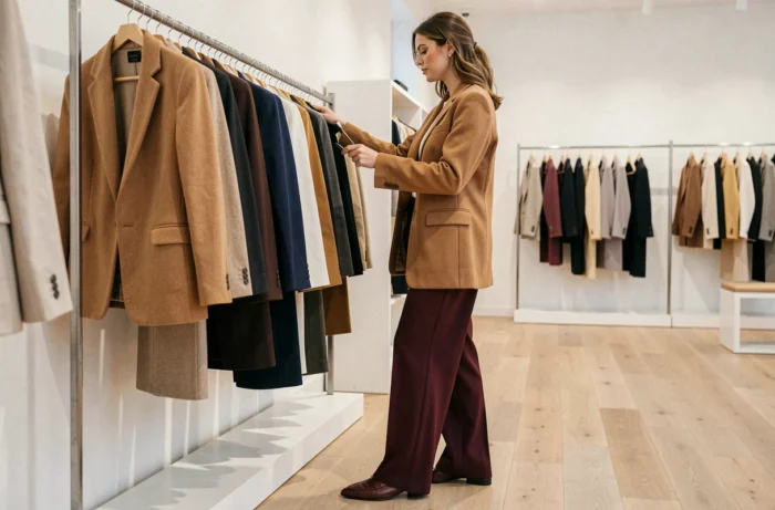 Femme élégante en blazer camel et pantalon bordeaux explorant les nouvelles tendances mode dans une boutique parisienne minimaliste
