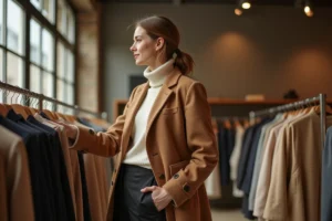 Femme élégante en manteau camel et col roulé crème explorant les tendances mode de la saison dans une boutique parisienne minimaliste