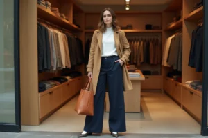 Femme élégante portant un trench coat camel et un pantalon taille haute bleu marine dans une boutique de mode parisienne