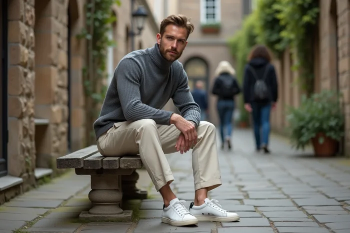 Homme en tenue décontractée tendance avec pull col roulé gris et pantalon en lin écru assis dans une cour urbaine