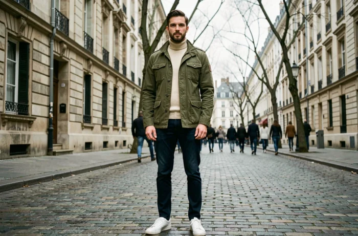 Homme stylé en veste utilitaire olive et col roulé crème incarnant les tendances mode masculines automnales dans une rue européenne pavée