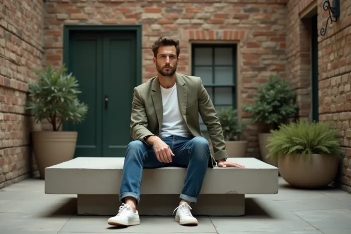 Homme en blazer lin olive et jean indigo arborant un style décontracté tendance dans une cour urbaine aux murs de brique