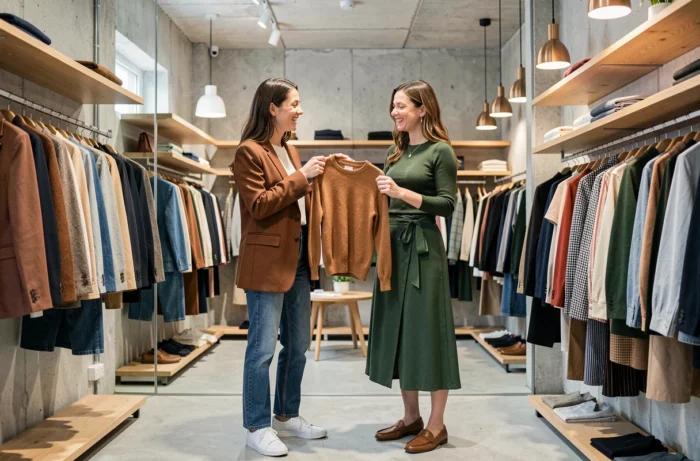 Deux femmes stylées découvrant des vêtements tendance dans une boutique concept moderne, looks mode saison automne-hiver