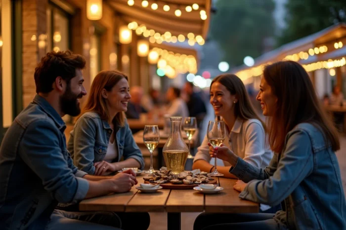 Groupe d'amis dégustant des huîtres en terrasse de café près du marché d'Arcachon le soir