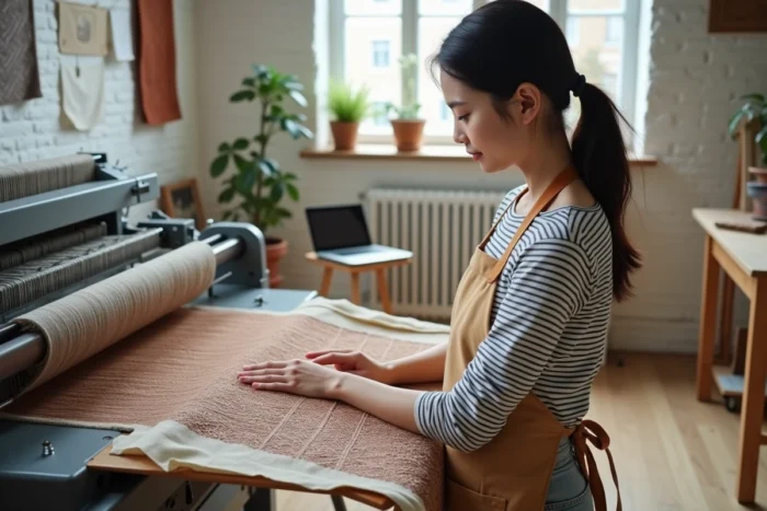 Jeune tisserande opérant un métier jacquard numérique dans un atelier textile artisanal contemporain