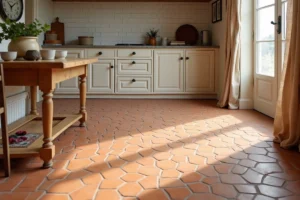 Sol en tomettes hexagonales terracotta s'harmonisant avec un carrelage blanc dans une cuisine de maison de campagne française