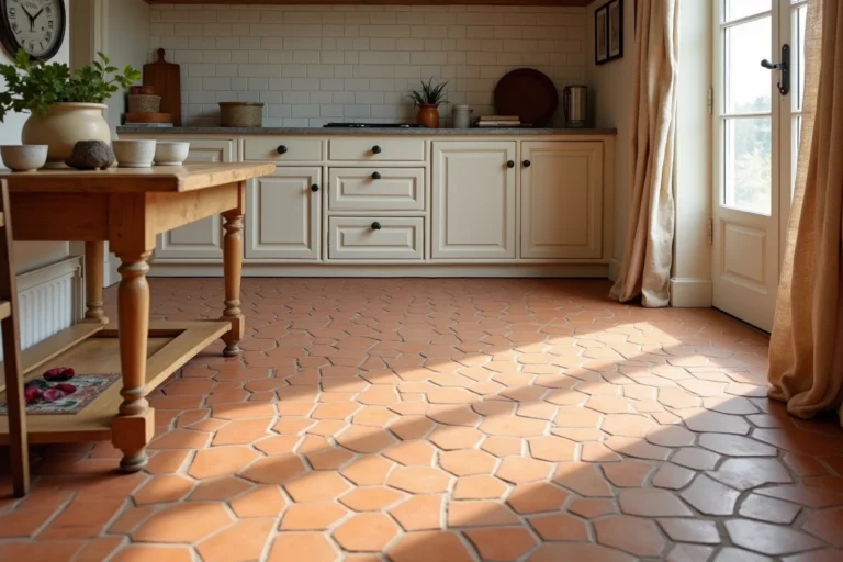 Sol en tomettes hexagonales terracotta s'harmonisant avec un carrelage blanc dans une cuisine de maison de campagne française