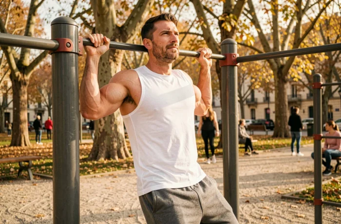 Homme musclé en plein effort sur une barre de traction en parc urbain à Lyon, ambiance automne et sport en plein air