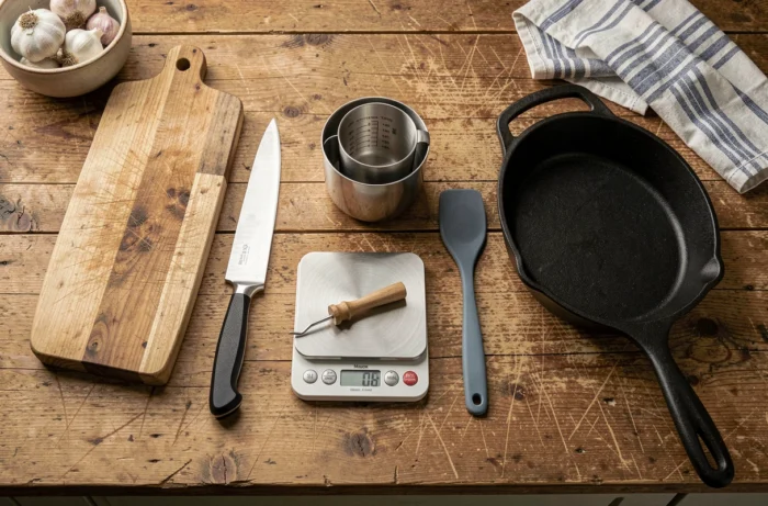 Vue aérienne des ustensiles de cuisine essentiels posés sur une planche en bois de boucher