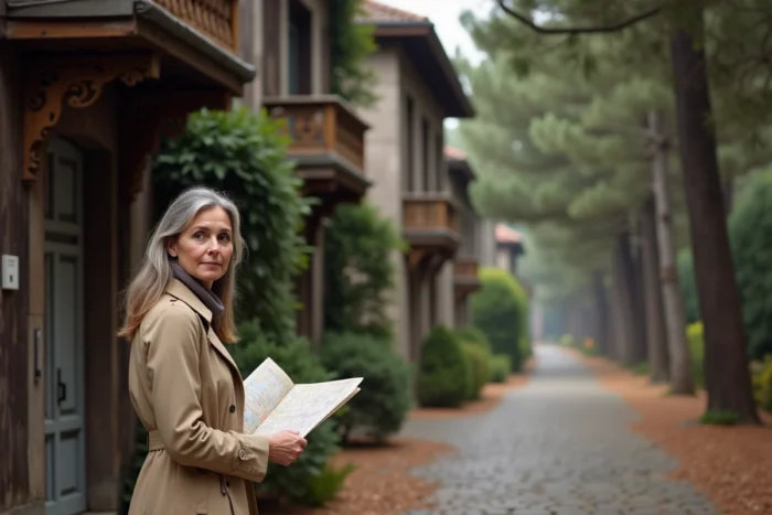 Femme explorant les villas ornementales de la Ville d'Hiver d'Arcachon lors d'une balade nocturne