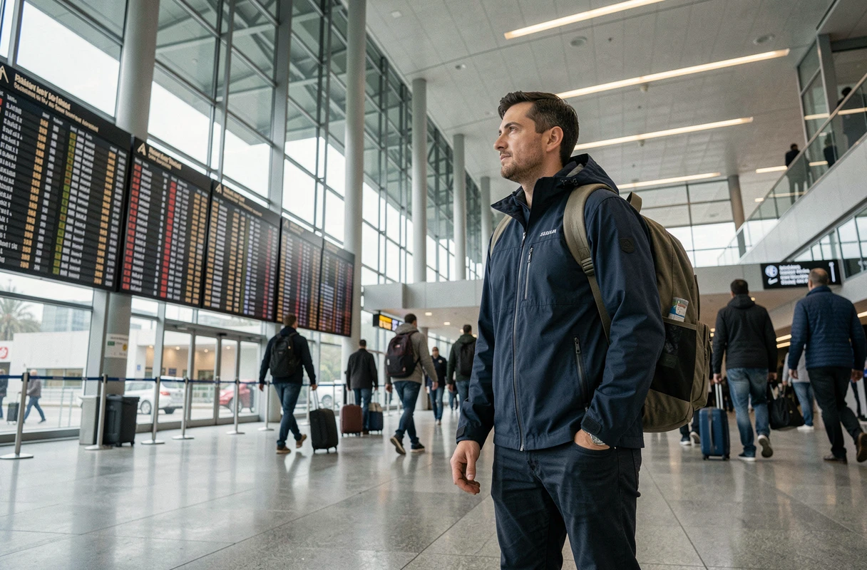 Voyageur masculin dans un aéroport international consultant le tableau des départs avant son grand voyage