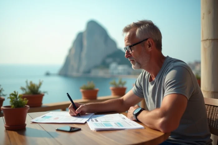 Voyageur consultant ses documents de voyage à Gibraltar avec le Rocher en arrière-plan